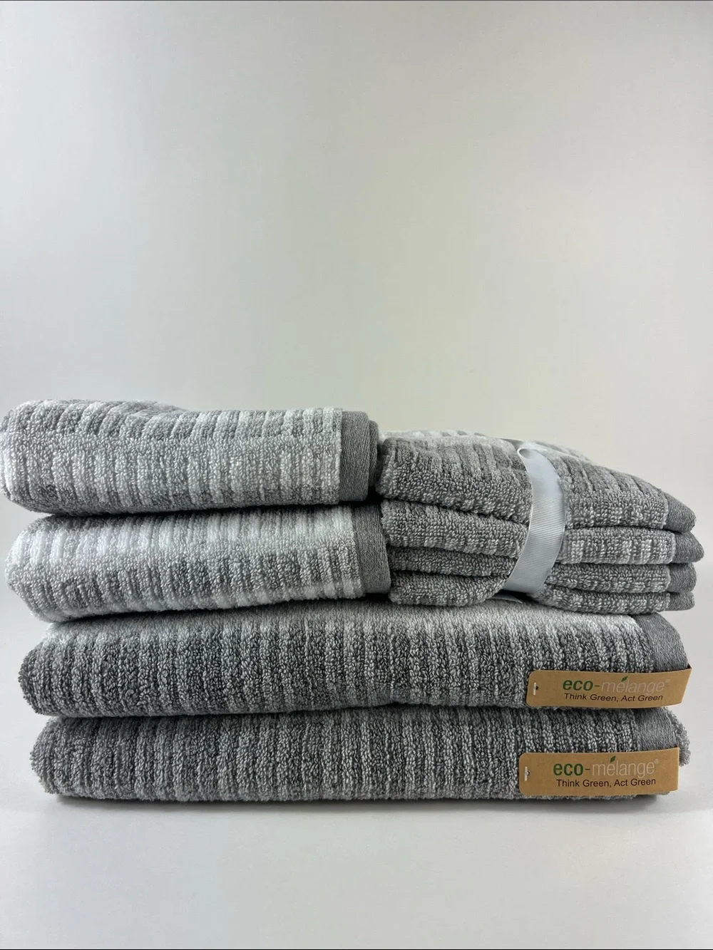 Eco-Melange Bath Towel Set Gray White Striped Ribbed Soft Cotton 8 Pc NEW